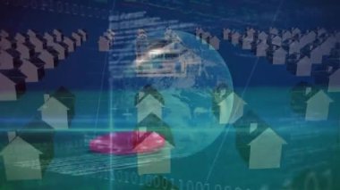 Çipler ve paralar üzerinde veri işleme ve küre animasyonu. Kumar, kumarhane ve dijital arayüz kavramı dijital olarak oluşturuldu.