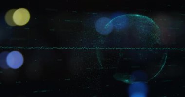Animation of financial data processing over light spots on black background. Global business, finances and digital interface concept digitally generated video.