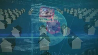 Zarlar üzerinde veri işleme ve küre animasyonu. Kumar, kumarhane ve dijital arayüz kavramı dijital olarak oluşturuldu.