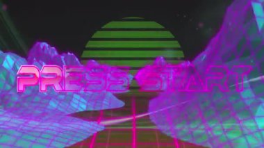 Basın metni parlayan desen ve metaevren üzerinden başlat videosu. Dijital olarak oluşturulan video oyunu, veri işleme ve hesaplama kavramı.