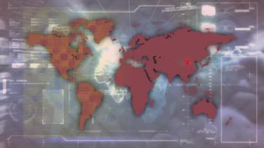 Dünya haritasının animasyonu ve dünya çapında veri işleme. Küresel teknoloji, çevrimiçi güvenlik ve dijital arayüz kavramı dijital olarak oluşturulmuş video.
