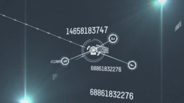 Artan sayıların ve birbirine bağlı simgelerin canlandırılması ve siyah arkaplanda lens parlamaları. Dijital olarak üretilmiş, hologram, aydınlatılmış, rapor, finans, illüstrasyon, iletişim ve teknoloji.