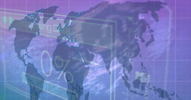 Dünya haritası üzerinde veri işleme animasyonu. küresel iş ve dijital arayüz kavramı dijital olarak oluşturulmuş video.