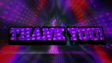 Kusursuz desenli neon tünele karşı teşekkür mesajı pankartı animasyonu. Video oyunu arayüzü ve teknoloji kavramı