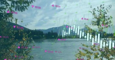 Manzara üzerinde veri işleme animasyonu. Uyum, doğa ve dijital arayüz kavramı dijital olarak oluşturulmuş video.