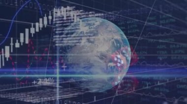 Zarlar üzerinde veri işleme ve küre animasyonu. Kumar, kumarhane ve dijital arayüz kavramı dijital olarak oluşturuldu.