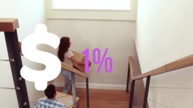 Yeni eve taşınan beyaz çift üzerinden dolar ve yüzde animasyonu. Taşınma, yeni ev ve dijital olarak üretilen video konseptini değiştirme.