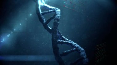 DNA ipliği üzerinde veri işleme animasyonu. Küresel bilim, araştırma, hesaplama ve veri işleme kavramı dijital olarak oluşturulmuş video.