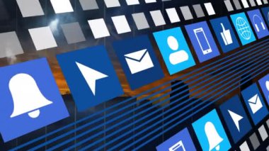 Şehir manzarası üzerinde şekillerin ve medya simgelerinin canlandırılması. Küresel iş ve dijital arayüz kavramı dijital olarak oluşturulmuş video.