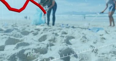 Kumsalı temizleyen çeşitli gönüllülerin veri işleme animasyonları. Küresel ekoloji ve dijital arayüz kavramı dijital olarak oluşturulmuş video.