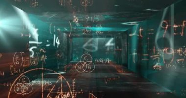 Matematiksel denklemlerin siyah arkaplan üzerindeki animasyonu. Eğitim, öğrenme ve dijital arayüz kavramı dijital olarak oluşturulmuş video.