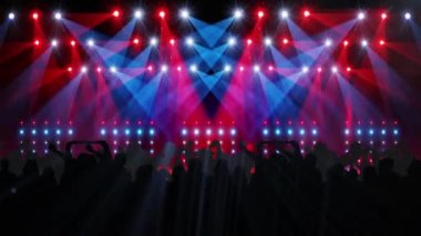 Manzaralı ışıklarla dans eden insanların animasyonu. Aydınlatma, sahne, parti ve konser konsepti dijital olarak oluşturulmuş video.