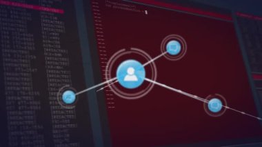 Bağlı profil simgelerinin canlandırılması ve bilgisayar dilinin üzerinde şekiller oluşturan bağlantılı noktalar. Dijital olarak üretilmiş, hologram, kodlama, makine öğrenme, iletişim ve teknoloji kavramı.