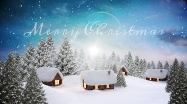 Neşeli noel mesajları ve karyağışının kozalaklı ağaçlar ve manzaradaki evler üzerindeki animasyonu. Dijital olarak üretilmiş, gece manzarası, Noel şenliği, gelenek ve kış tatili konsepti..