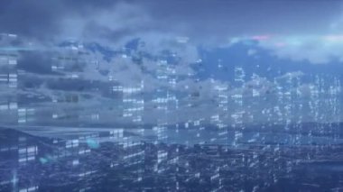 Şehir manzarası üzerinde veri işleme animasyonu. Küresel iş, finans, bilgisayar ve veri işleme kavramı dijital olarak oluşturulmuş video.