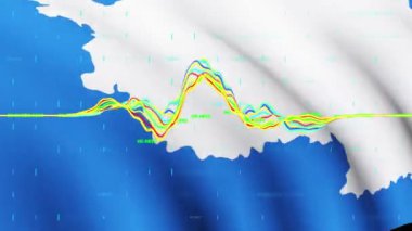 Ülke bayraklarının üzerinde finansal veri işleme animasyonu. Küresel iş, finans ve dijital arayüz kavramı dijital olarak oluşturulmuş video.