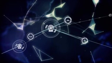 Birbirine bağlı simgelerin canlandırılması, geometrik şekiller, soyut arkaplan karşısında küre ve lens parlamaları. Dijital olarak üretilmiş, hologram, küreselleşme, aydınlanma, iletişim ve teknoloji kavramı.