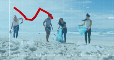 Kumsalı temizleyen çeşitli gönüllülerin veri işleme animasyonları. Küresel ekoloji ve dijital arayüz kavramı dijital olarak oluşturulmuş video.