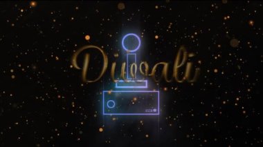 Gamepad simgesi üzerine diwali metin animasyonu ve siyah arkaplanda ışık noktaları. Noel, gelenek ve kutlama konsepti dijital olarak oluşturuldu.