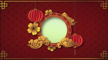 Kırmızı arkaplanda şekilleri olan dairelerin animasyonu. Soyut arkaplan, model, Çince yeni yıl ve dijital olarak üretilen hareket konsepti.