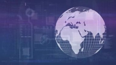 Radarın üstündeki dünyanın animasyonu, yükleme hatları, mercek fişekleri ses dalgaları ve kare etrafında hareket eden çizgiler. Dijital olarak üretilmiş, hologram, küreselleşme, aydınlanma, ilerleme, soyut ve teknoloji.