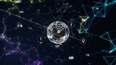 Çizgiler, dünya, geometrik şekiller ve soyut arkaplan üzerindeki sayılarla birbirine bağlı simgelerin canlandırılması. Dijital olarak üretilmiş, hologram, küreselleşme, simetri, aydınlanma ve teknoloji kavramı.