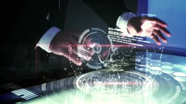 Küre ve kapsam ile finansal veri işleme animasyonu Kafkas işadamı üzerinde tarama. Küresel iş, finans ve dijital arayüz kavramı dijital olarak oluşturulmuş video.