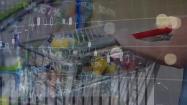 Çoklu grafik animasyonu, alım satım tahtası, alışveriş arabası tutan beyaz kadının kırpılmış elleri. Dijital bileşik, çoklu pozlama, borsa, rapor, alım ve süpermarket kavramı.