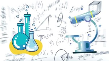 Beyaz arkaplandaki matematiksel denklemler üzerinde kimyasal teçhizat ikonlarının canlandırılması. Küresel eğitim, bilim ve dijital arayüz kavramı dijital olarak oluşturulmuş video.