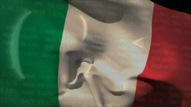 İtalya bayrağı üzerinde veri işleme animasyonu. Küresel vatanseverlik ve dijital arayüz kavramı dijital olarak oluşturulmuş video.