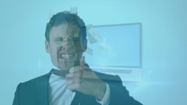 Kafkasyalı kızgın işadamı üzerine banknotların animasyonu. Küresel iş ve dijital arayüz kavramı dijital olarak oluşturulmuş video.