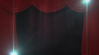 Perdelerin ve sahnenin üzerindeki ışıkların animasyonu. Aydınlatma, sahne, parti ve konser konsepti dijital olarak oluşturulmuş video.