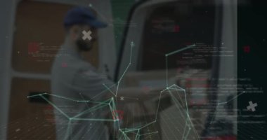 Kafkas erkek kurye üzerinden bağlantı ağının animasyonu. Küresel iş ve dijital arayüz kavramı dijital olarak oluşturulmuş video.