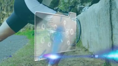 Kadın bisikleti üzerine finansal veri işleme animasyonu. Küresel spor, iş, finans, hesaplama ve veri işleme kavramı dijital olarak oluşturulmuş video.