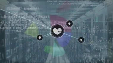 Bilgisayar sunucuları üzerindeki simgelerle bağlantı ağının animasyonu. Küresel iş, finans, bilgisayar ve veri işleme kavramı dijital olarak oluşturulmuş video.