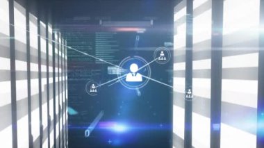 Bilgisayar sunucuları üzerindeki simgelerle bağlantı ağının animasyonu. Küresel iş, finans, bilgisayar ve veri işleme kavramı dijital olarak oluşturulmuş video.