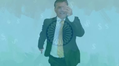 Beyaz iş adamının koşması üzerine dolar sembollerinin canlandırılması. Küresel iş ve dijital arayüz kavramı dijital olarak oluşturulmuş video.