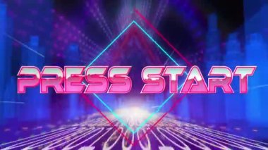 Basın başlangıç metninin animasyonu 3d şehir modeli üzerinde ve pürüzsüz desenli neon tünel üzerinde. Video oyunu arayüzü ve teknoloji kavramı