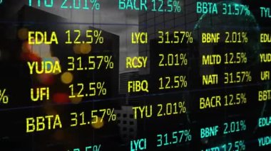 Finansal verilerin dünya ve bulanık şehirle ekranda canlandırılması. Küresel iş, finans ve ekonomi kavramı dijital olarak üretilen video.