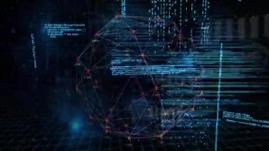 Bağlı simgelerin canlandırılması programlama dili üzerinde küre ve lens parlamaları oluşturur. Dijital olarak üretilmiş, hologram, küreselleşme, iletişim, kodlama, makine öğrenme ve teknoloji kavramı,
