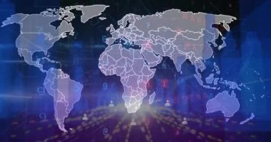 Dünya haritası üzerinde veri işleme animasyonu. küresel iş ve dijital arayüz kavramı dijital olarak oluşturulmuş video.