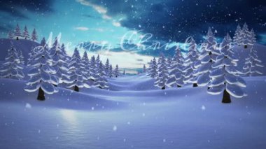 Kar yağışı animasyonu ve karla kaplı kozalaklı ağaçlar geceleyin bulutlara karşı. Mutlu noel metinleri, dijital olarak oluşturulmuş, Noel şenliği, gelenek, kış tatili konsepti.