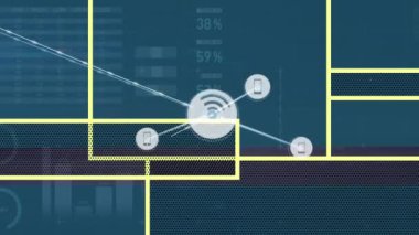 İstatistikler üzerinden simgelerle bağlantı ağının animasyonu. Küresel iş, finans, bilgisayar ve veri işleme kavramı dijital olarak oluşturulmuş video.