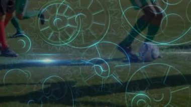 Futbolcular üzerinde dişli ve veri işleme animasyonu. Küresel spor, rekabet, iş dünyası, finans, bilgisayar ve veri işleme kavramı dijital olarak oluşturuldu.