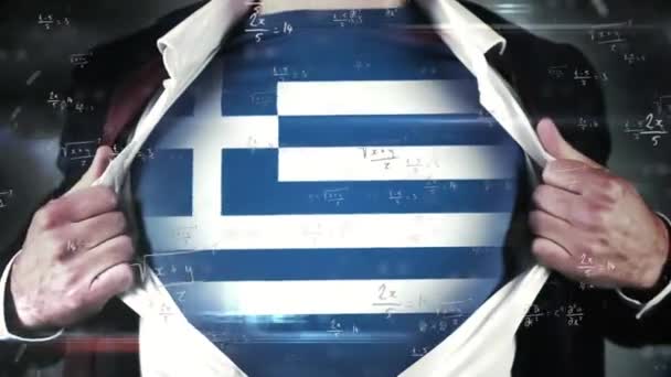 ギリシャの国旗が付いたTシャツを着た白人男性に対する数学的方程式のアニメーション グローバルビジネス デジタルインターフェイスの概念デジタル生成されたビデオ — ストック動画