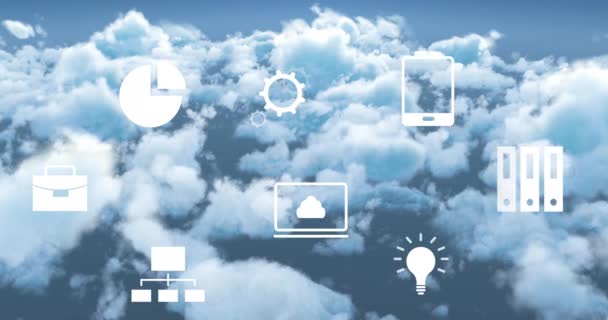 Анімація Обробки Даних Піктограм Над Хмарами Глобальні Хмарні Обчислення Бізнес — стокове відео
