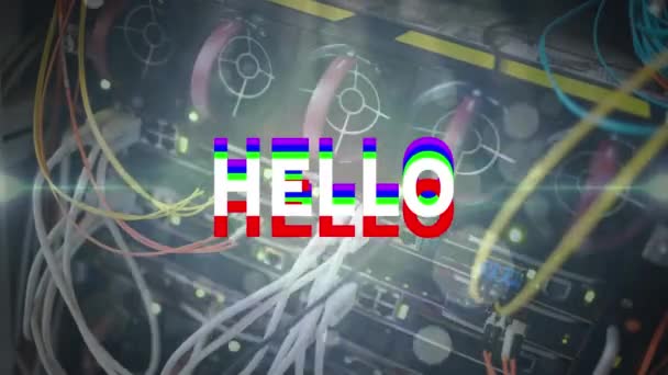 Анімація Тексту Привітання Світлових Плям Над Сервером Глобальна Технологія Обчислення — стокове відео