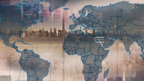 Анімація Обробки Даних Карта Світу Над Міським Пейзажем Концепція Глобального — стокове відео