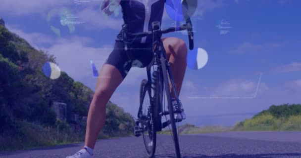 Animation Data Processing Caucasian Woman Riding Bike Global Sport Computing — Stock Video
