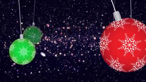 Анимация Снега Падающего Рождественские Безделушки Светлые Пятна Черном Фоне Рождество — стоковое видео